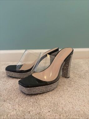 Clear Strap Black Platform Heels with Rhinestone Block Heel - Unbranded